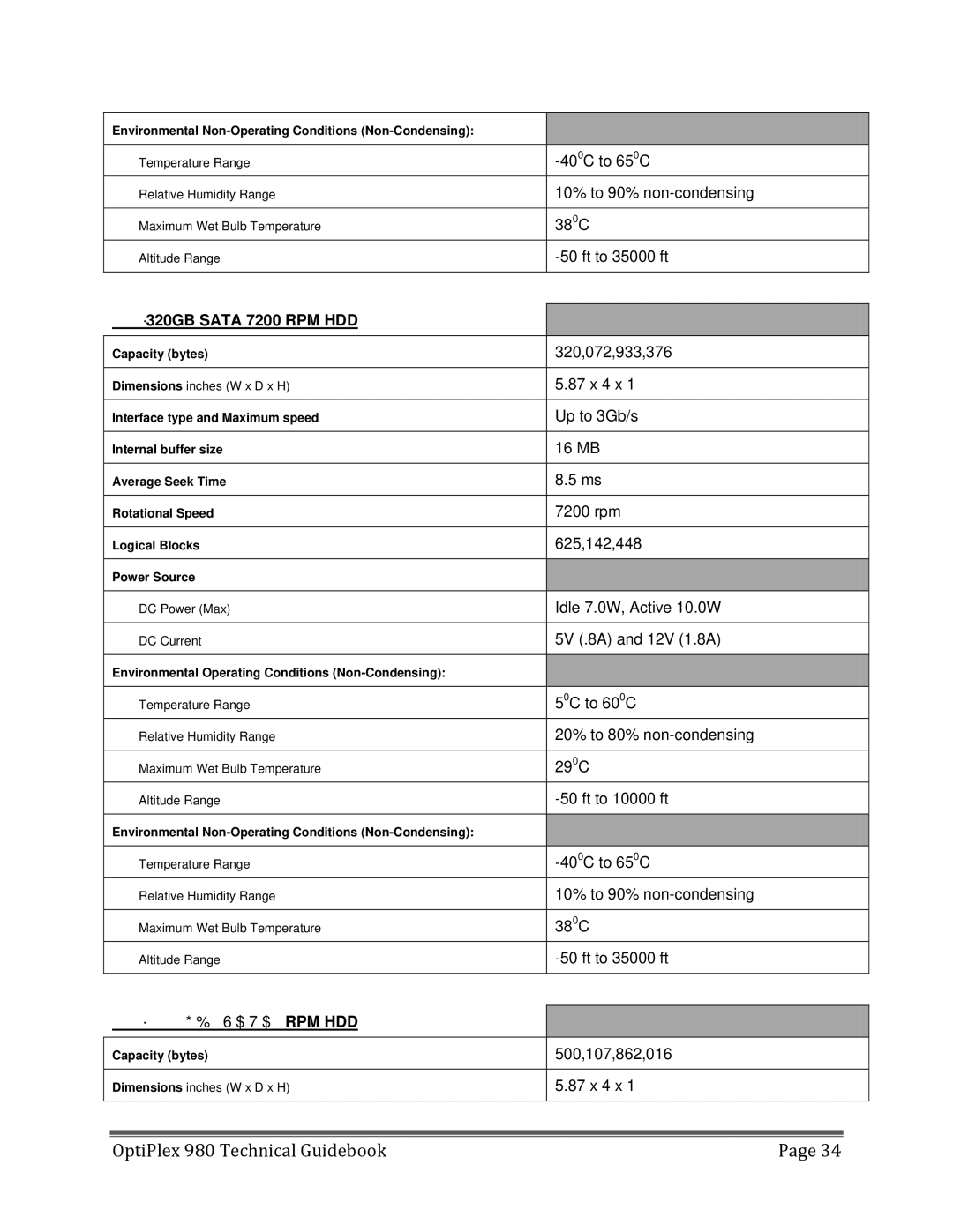 Dell 980 manual 320GB Sata 7200 RPM HDD, 500GB Sata 7200 RPM HDD, Internal buffer size, Average Seek Time Rotational Speed 