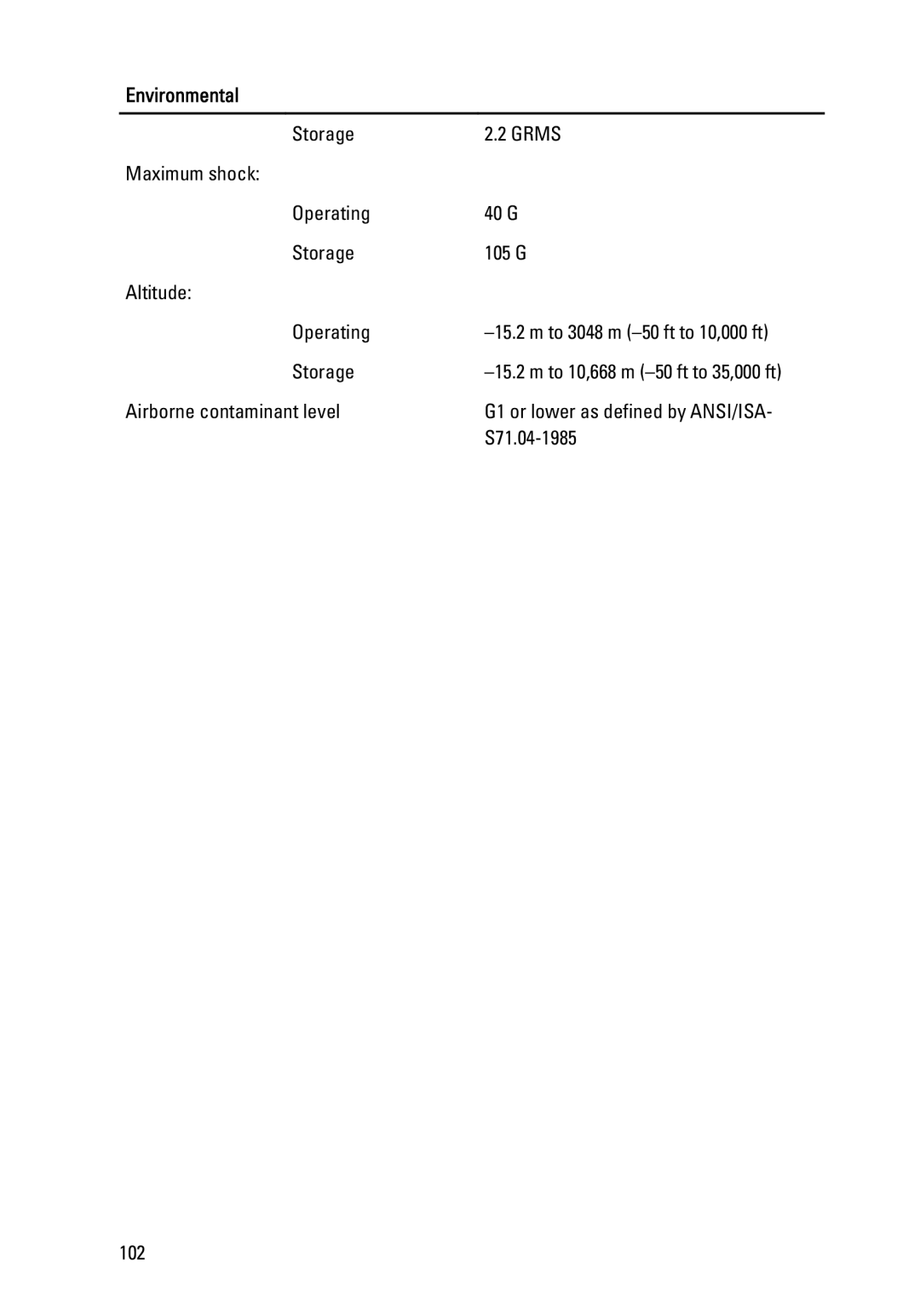 Dell 990 Storage Grms Maximum shock Operating 40 G 105 G Altitude, Airborne contaminant level, S71.04-1985, 102 