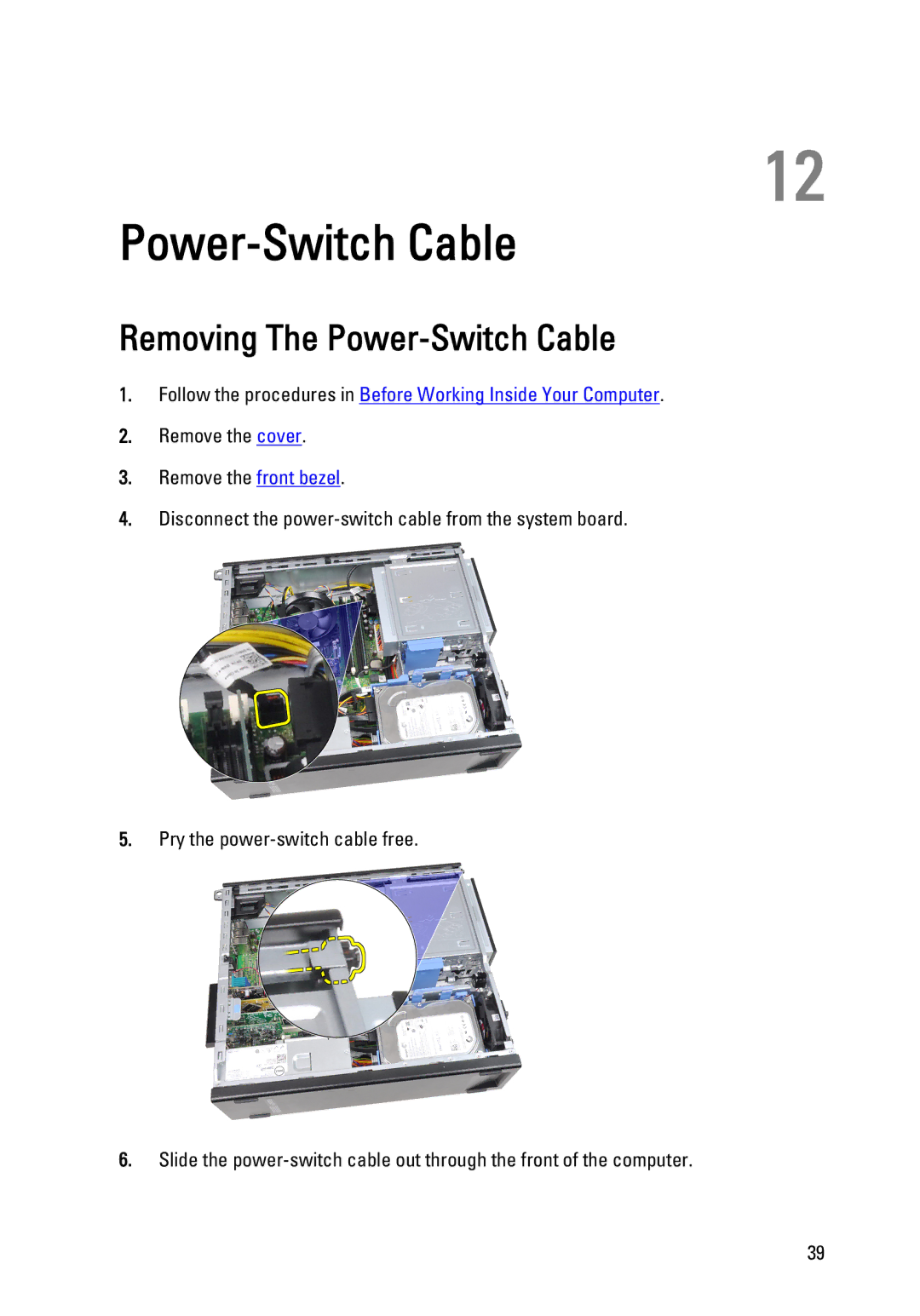 Dell 990 service manual Removing The Power-Switch Cable 