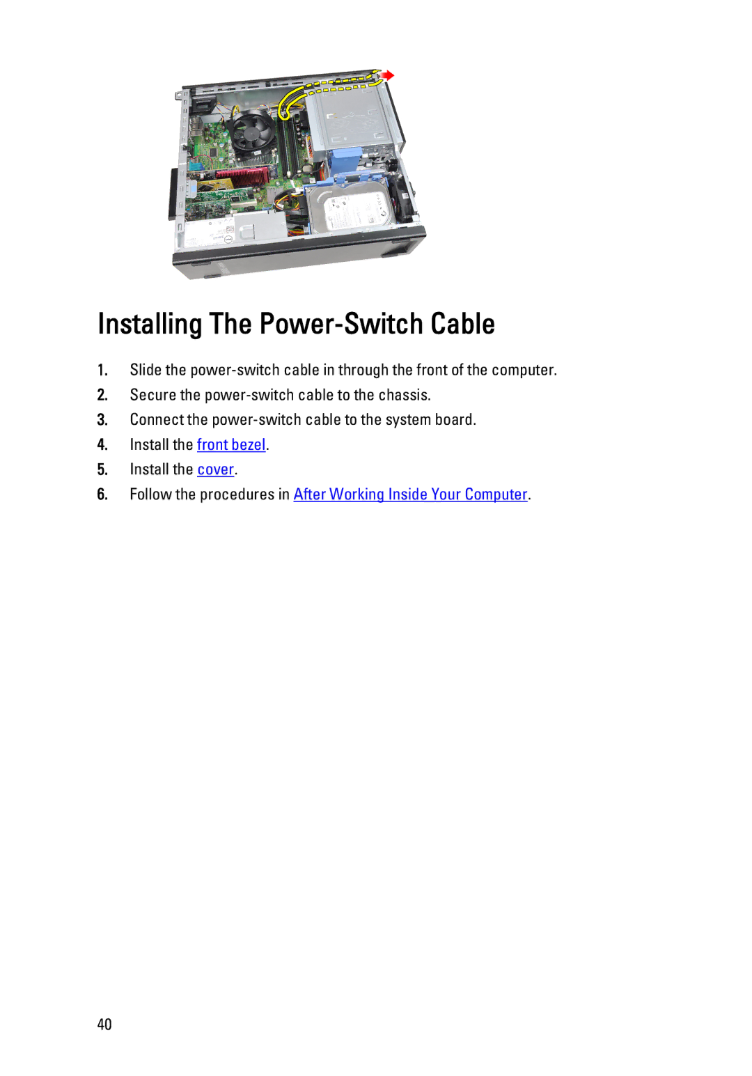 Dell 990 service manual Installing The Power-Switch Cable 