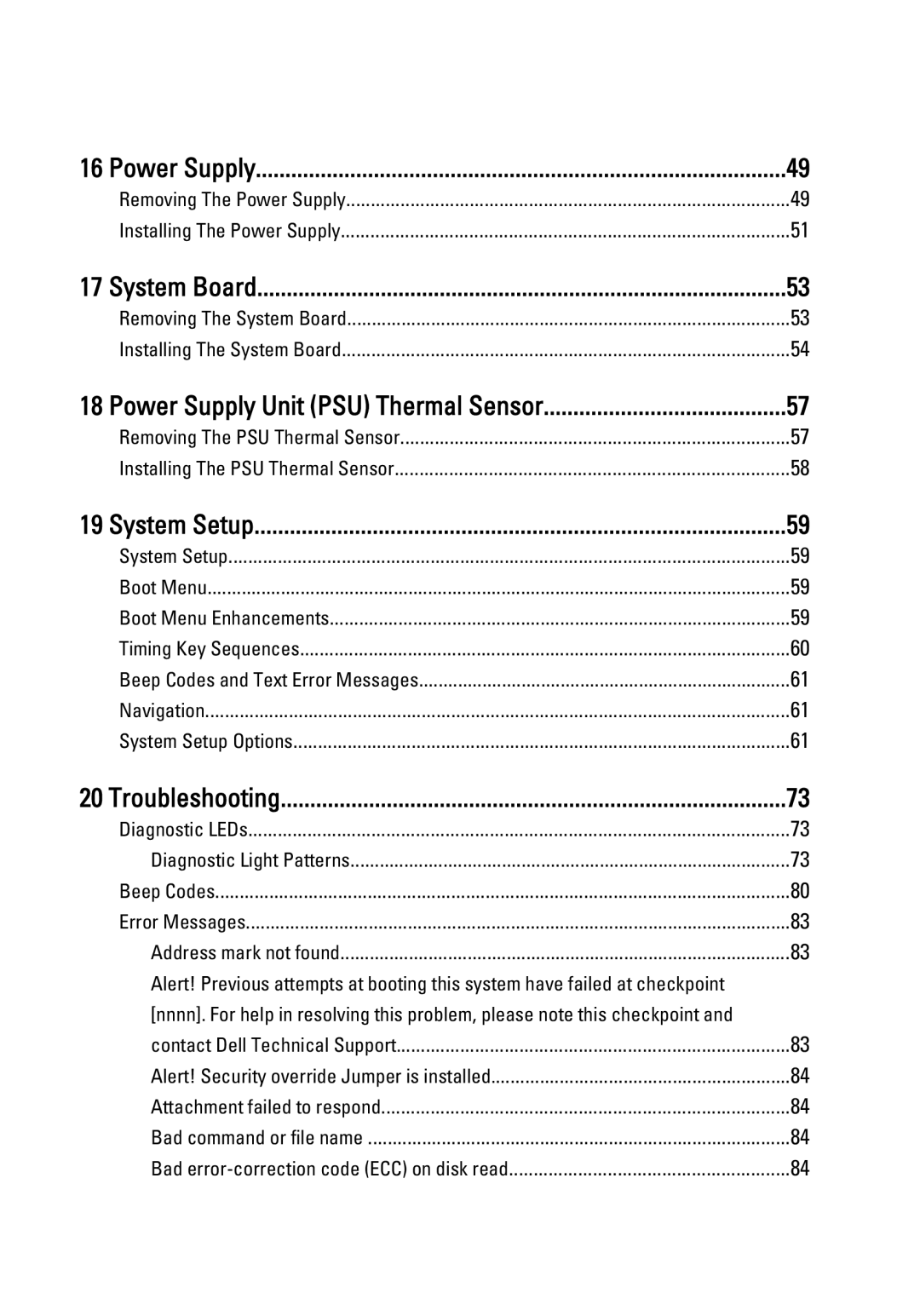 Dell 990 service manual System Board, Power Supply Unit PSU Thermal Sensor, System Setup, Troubleshooting 