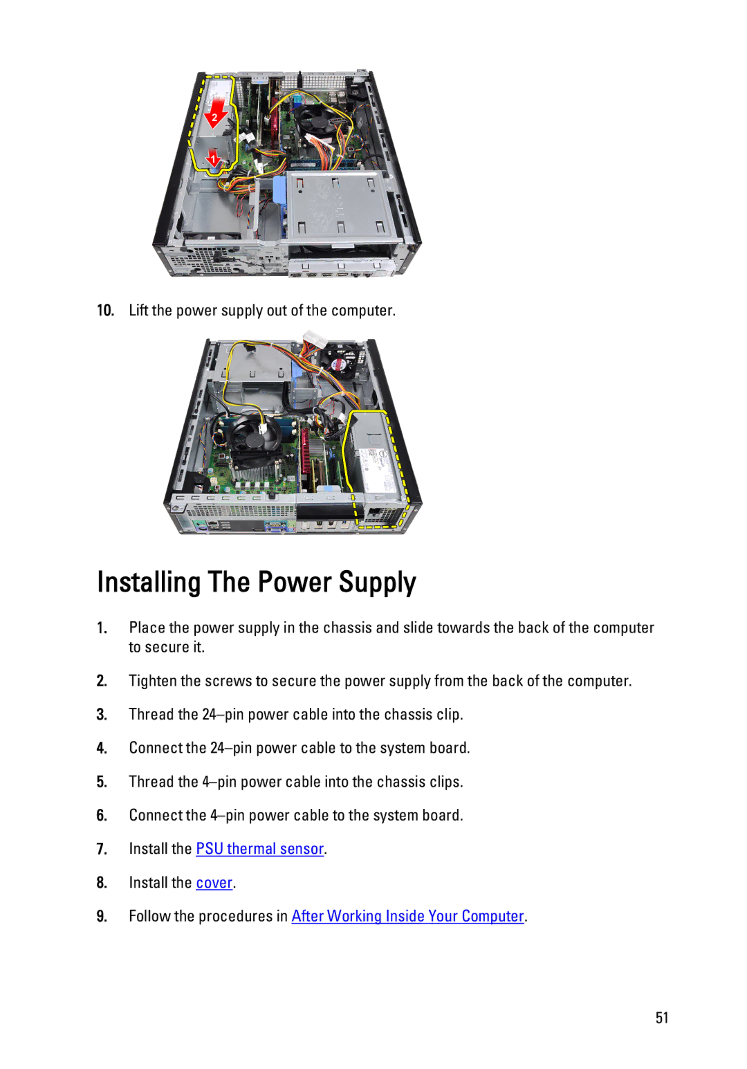 Dell 990 service manual Installing The Power Supply, Lift the power supply out of the computer 