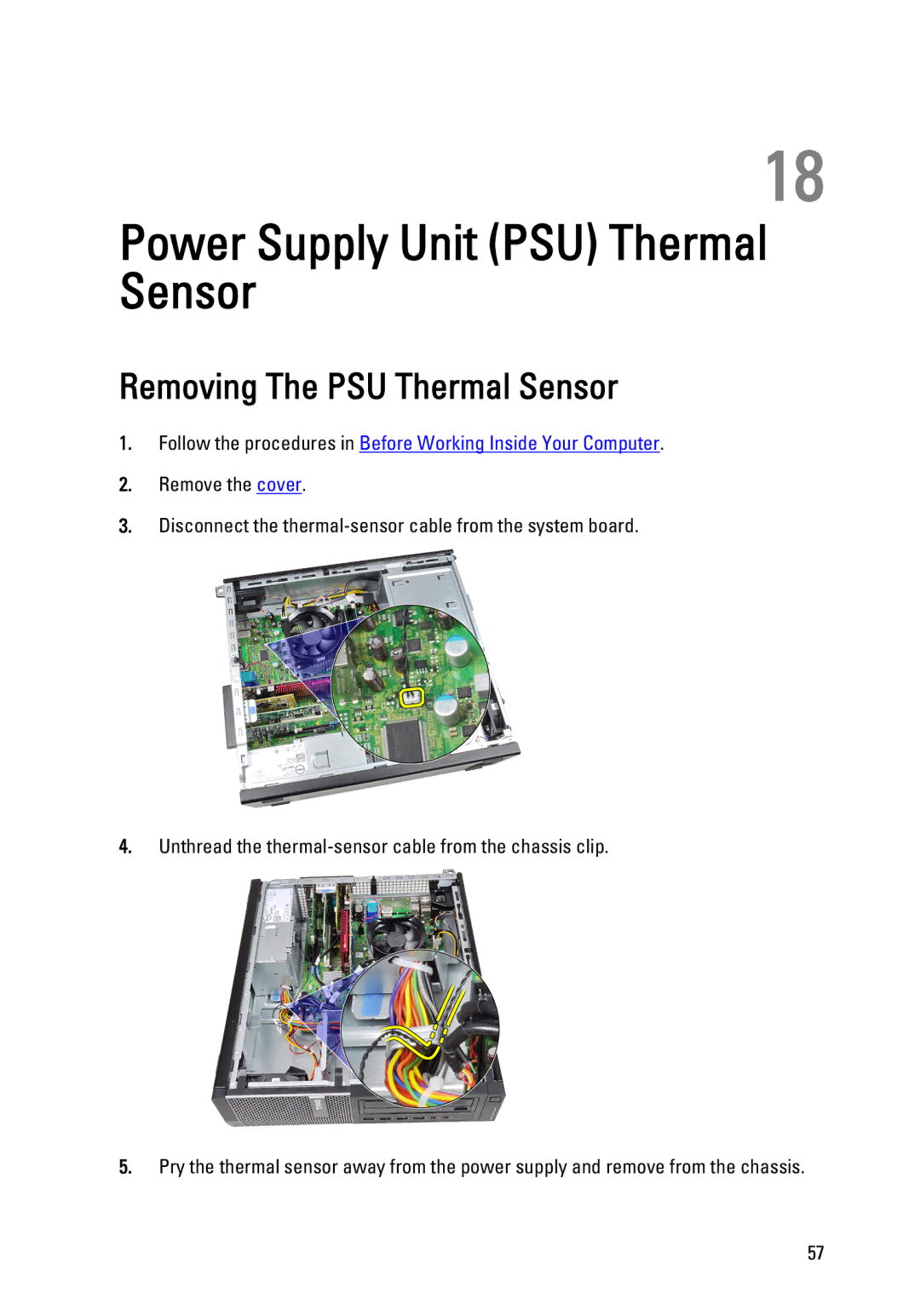 Dell 990 service manual Power Supply Unit PSU Thermal Sensor, Removing The PSU Thermal Sensor 