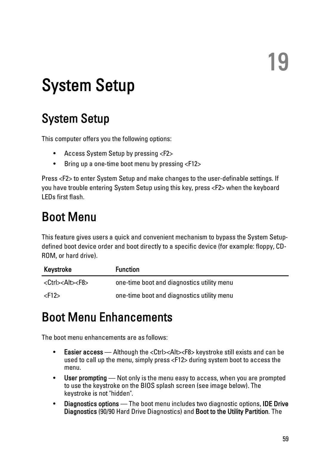 Dell 990 service manual System Setup, Boot Menu Enhancements, Keystroke Function 