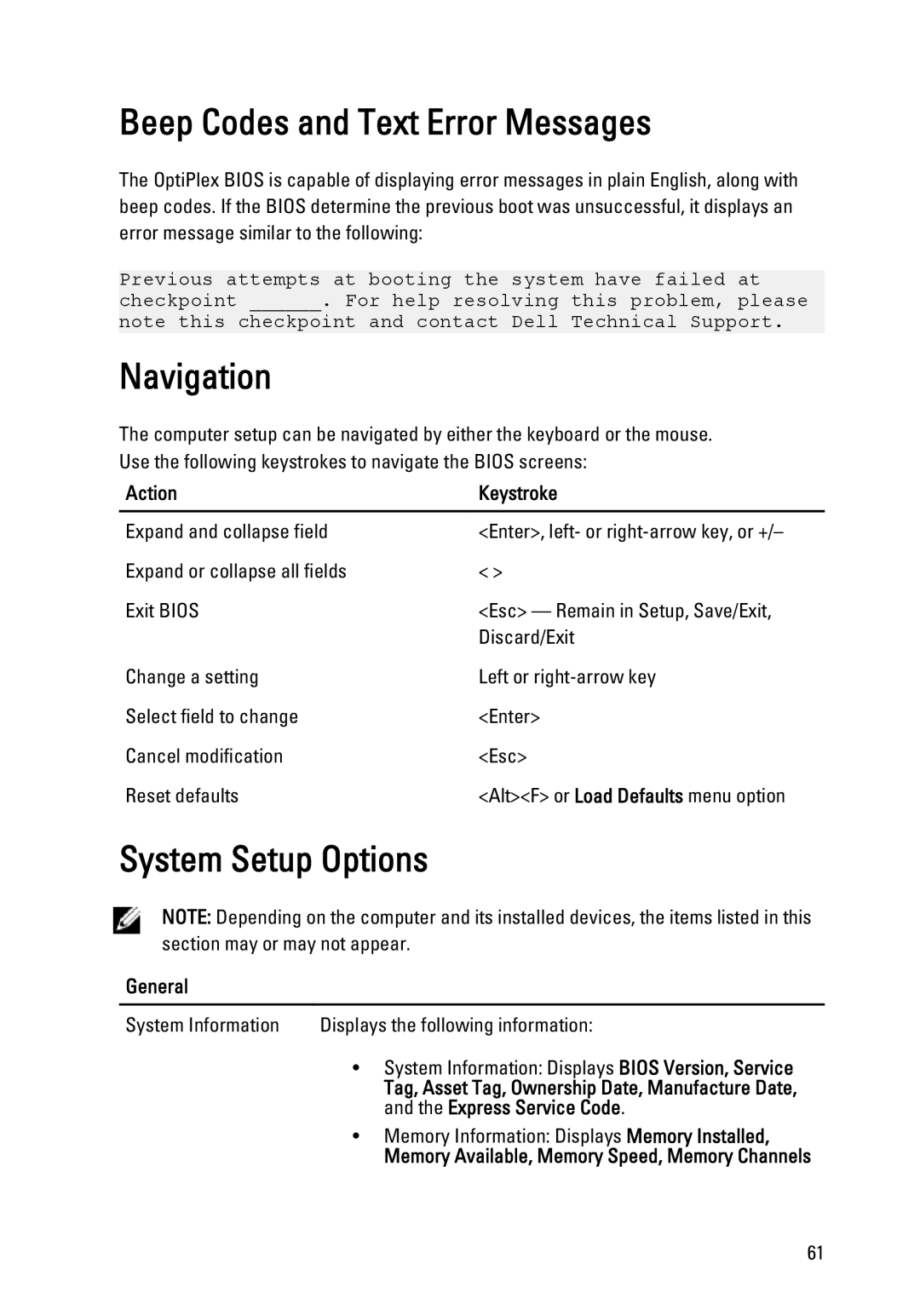 Dell 990 service manual Beep Codes and Text Error Messages, Navigation, System Setup Options 