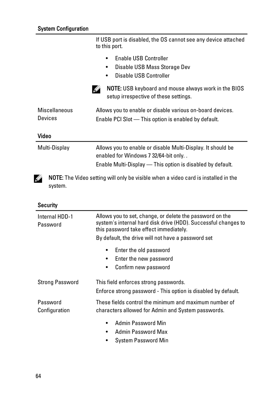 Dell 990 service manual Video, Security 