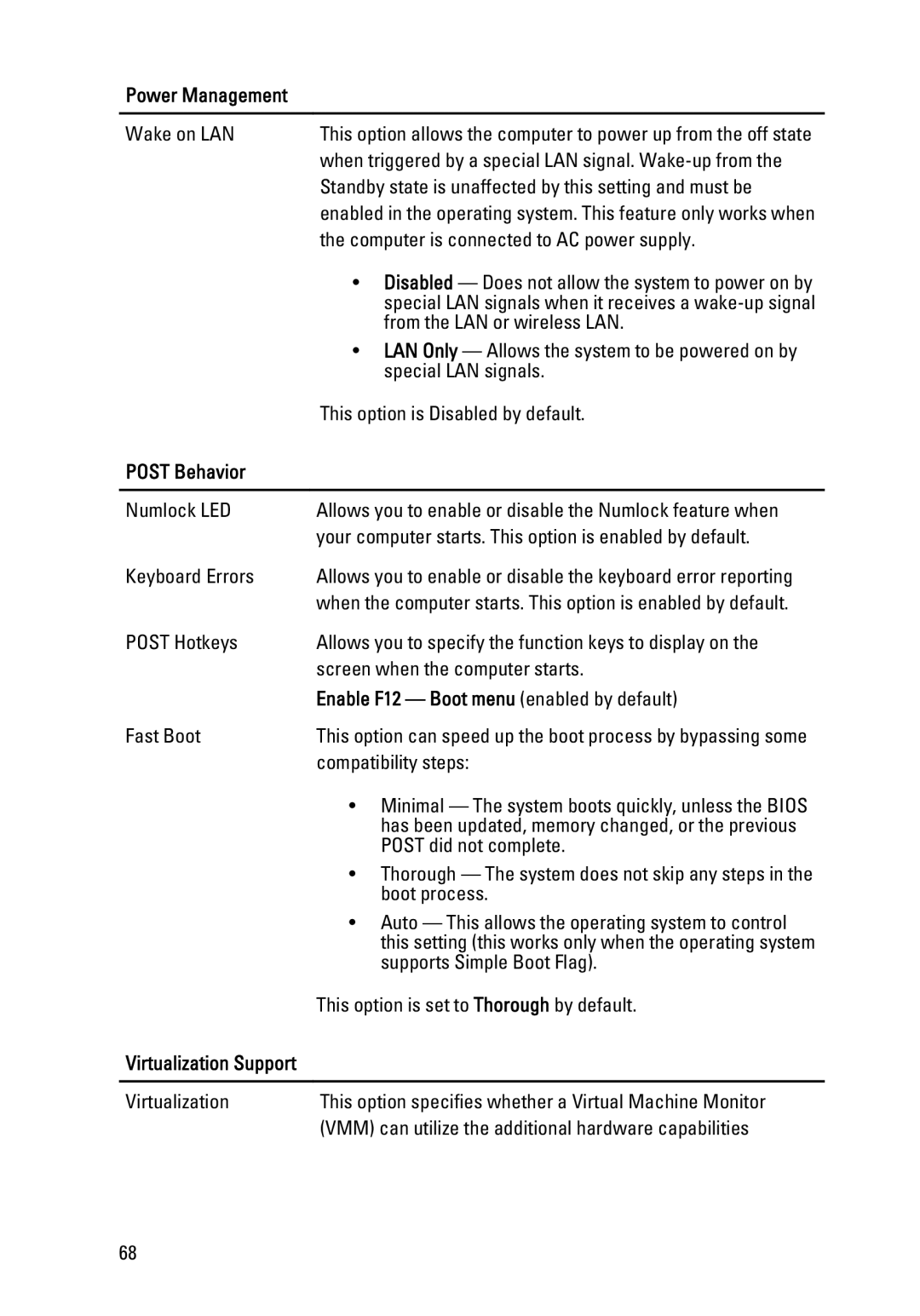 Dell 990 service manual Post Behavior, Enable F12 Boot menu enabled by default 