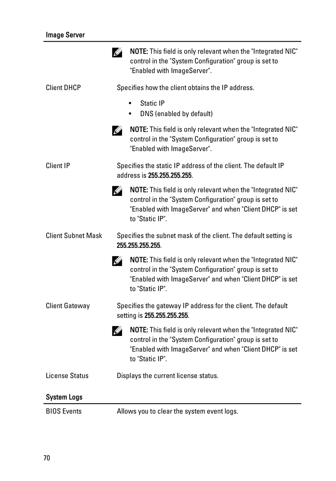 Dell 990 service manual 255.255.255.255, Setting is, System Logs 