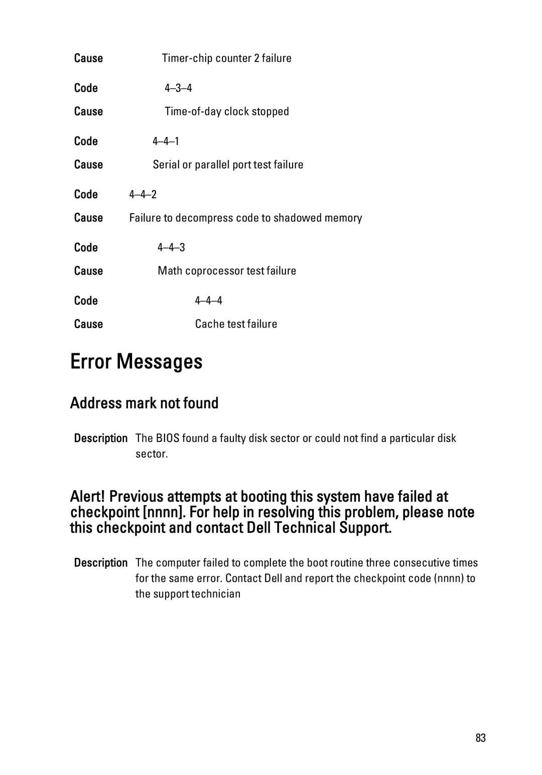 Dell 990 service manual Error Messages, Address mark not found, Code Cause Cache test failure 