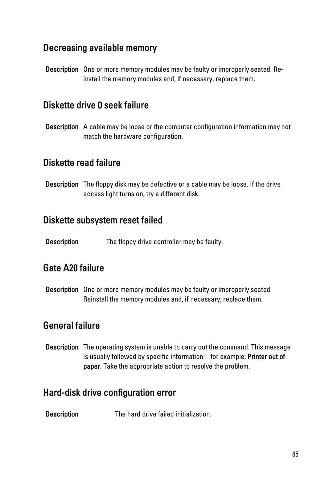 Dell 990 service manual Decreasing available memory, Diskette drive 0 seek failure, Diskette read failure, Gate A20 failure 