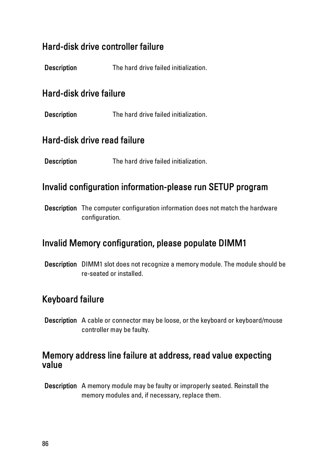 Dell 990 Hard-disk drive controller failure, Hard-disk drive failure, Hard-disk drive read failure, Keyboard failure 