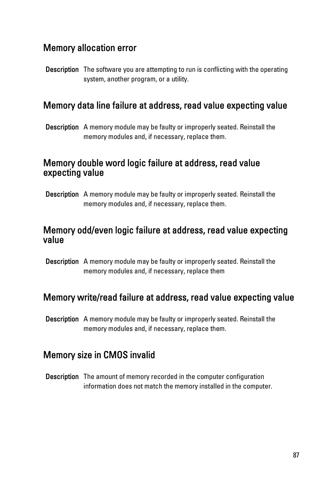 Dell 990 service manual Memory allocation error, Memory size in Cmos invalid 