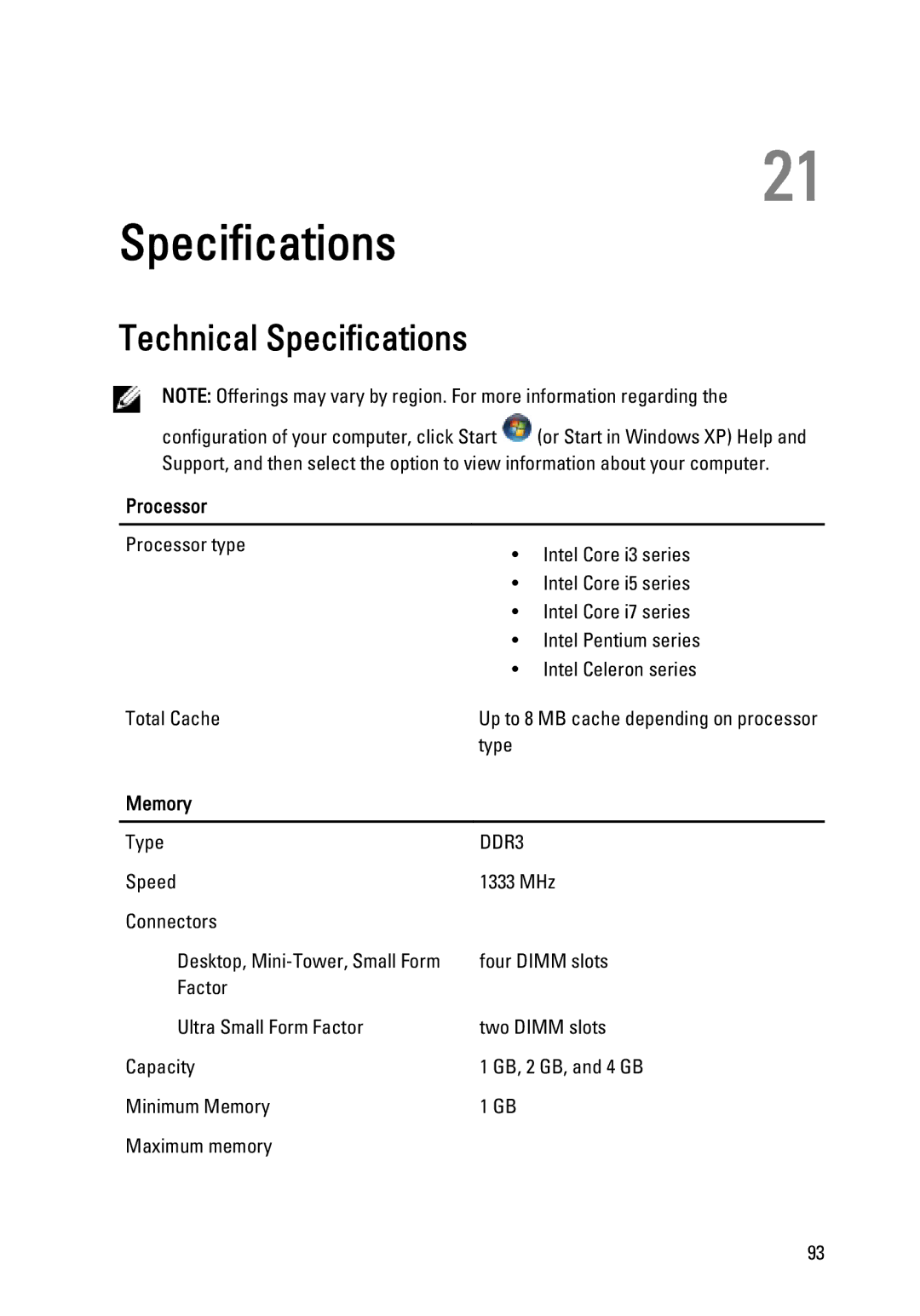 Dell 990 service manual Technical Specifications, Processor, Type 