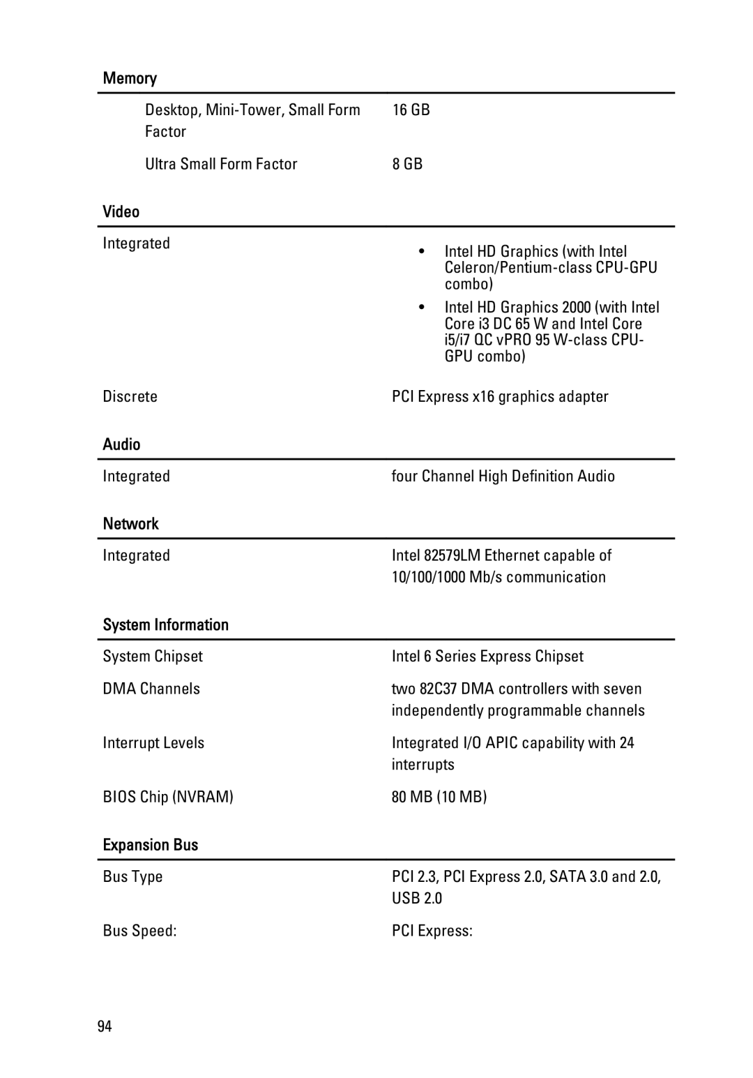 Dell 990 service manual Audio, Network, System Information, Expansion Bus 