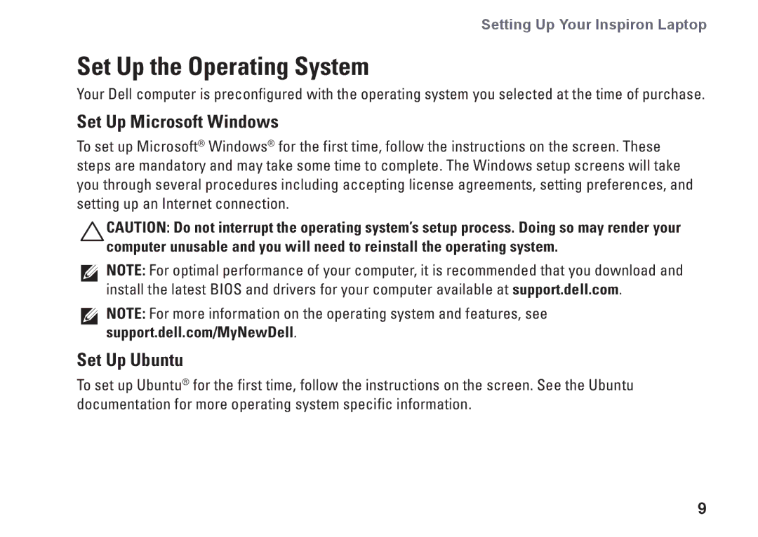 Dell P10F001, N5010, P10F002, M5010, 09N1F7A01 Set Up the Operating System, Set Up Microsoft Windows, Set Up Ubuntu 