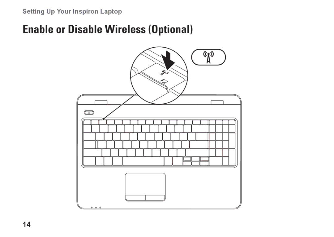 Dell N5010, P10F002, P10F001, M5010, 09N1F7A01 setup guide Enable or Disable Wireless Optional 