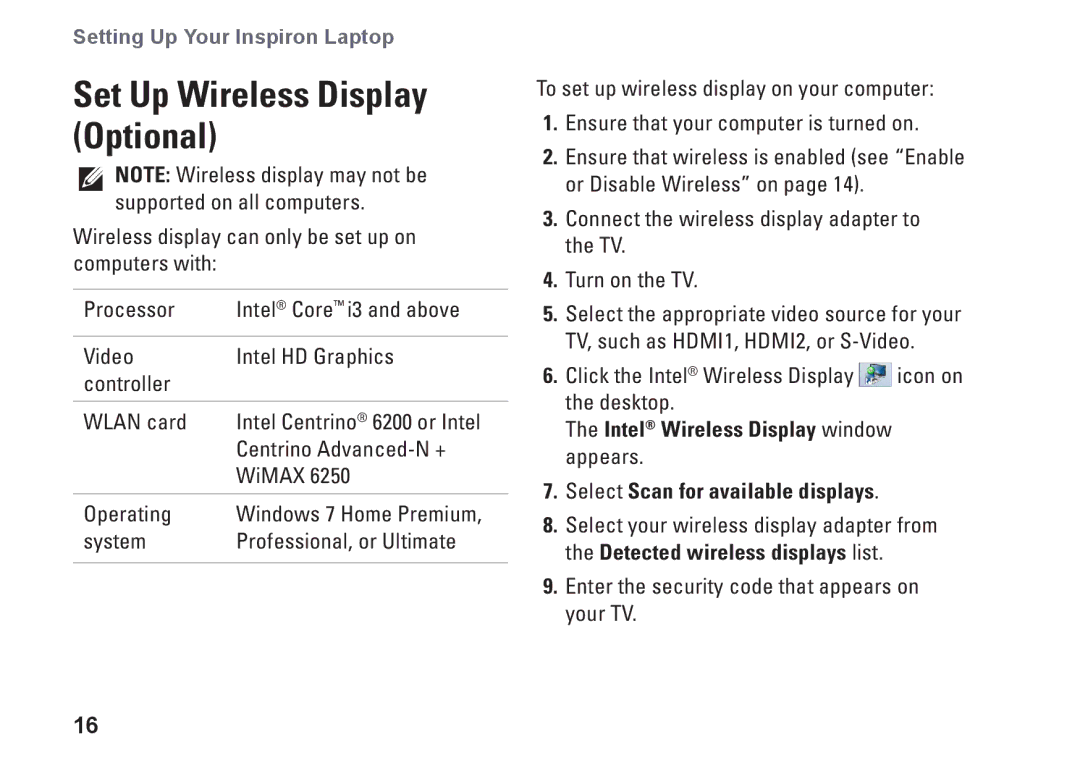 Dell P10F001, N5010, P10F002, M5010, 09N1F7A01 setup guide Set Up Wireless Display Optional 