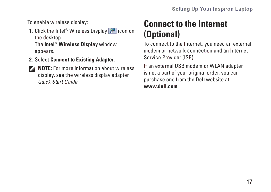 Dell M5010, N5010, P10F002, P10F001, 09N1F7A01 setup guide Connect to the Internet Optional 