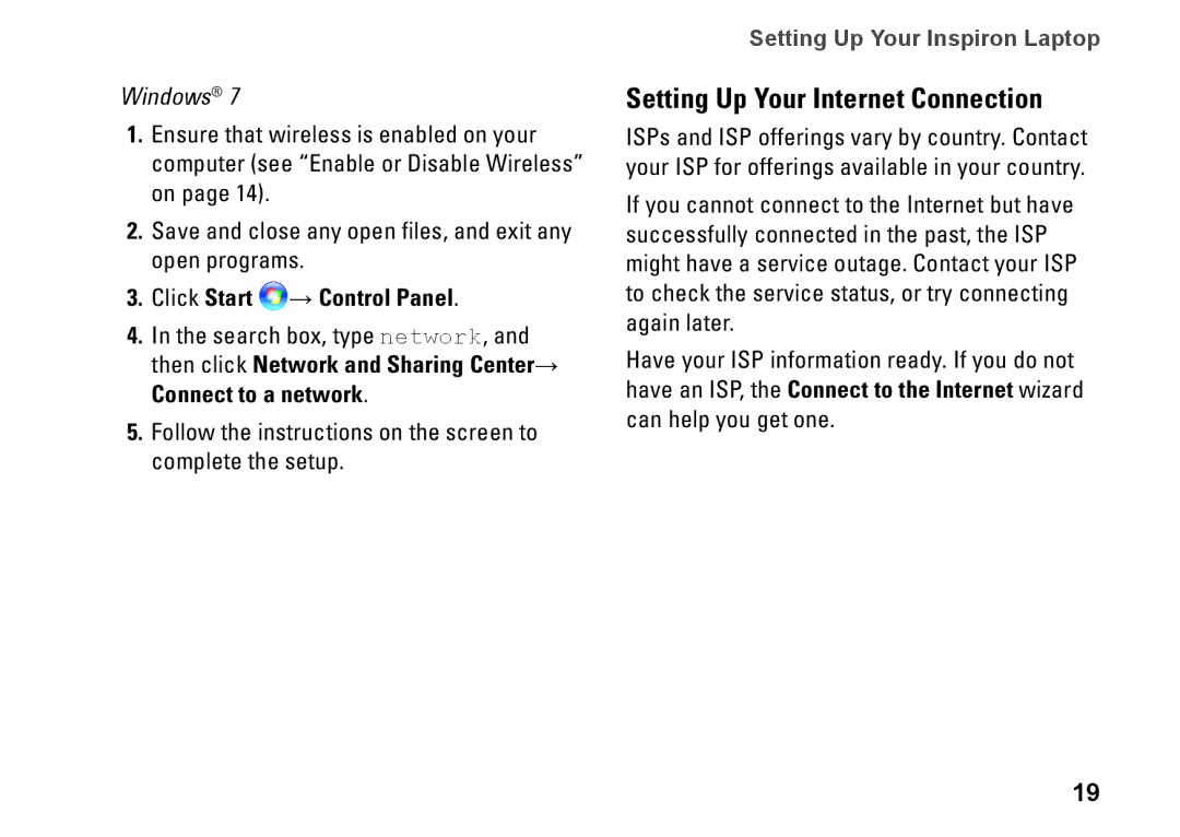 Dell N5010, P10F002, P10F001, M5010, 09N1F7A01 Setting Up Your Internet Connection, Click Start → Control Panel 