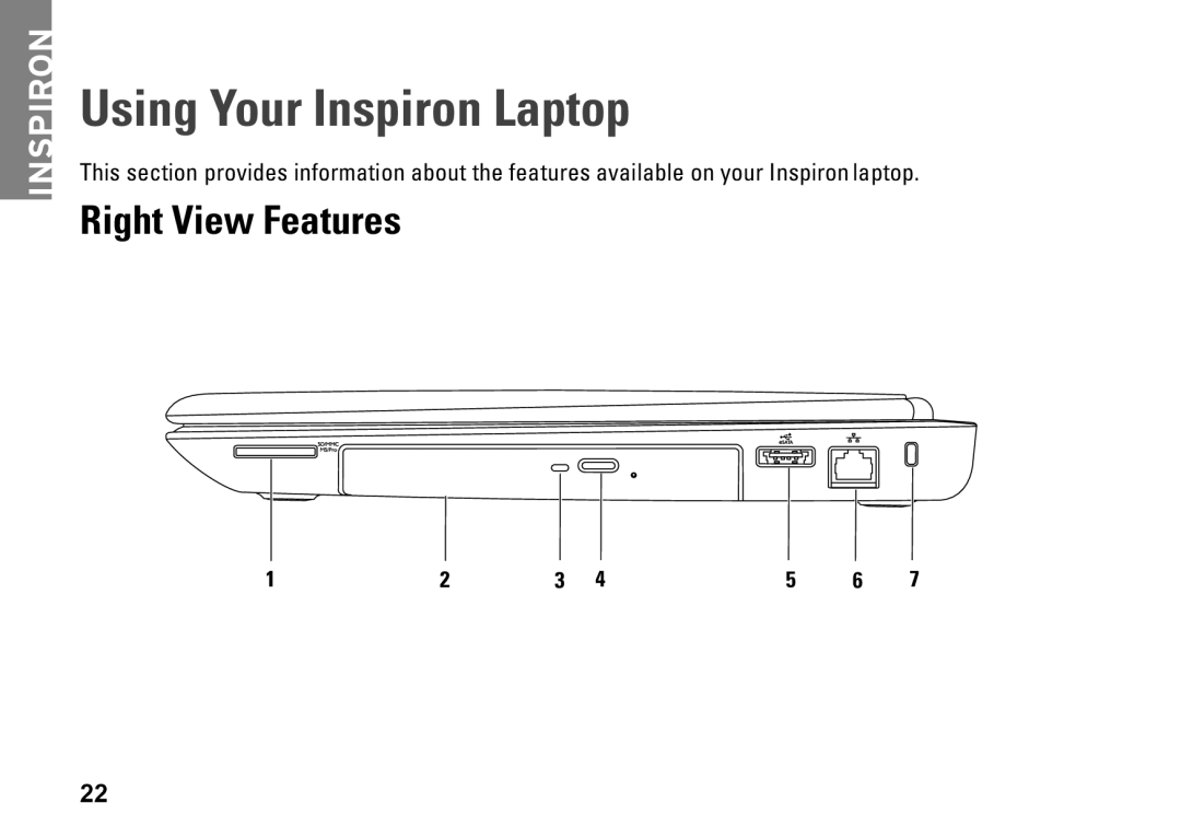 Dell P10F002, N5010, P10F001, M5010, 09N1F7A01 setup guide Using Your Inspiron Laptop, Right View Features 