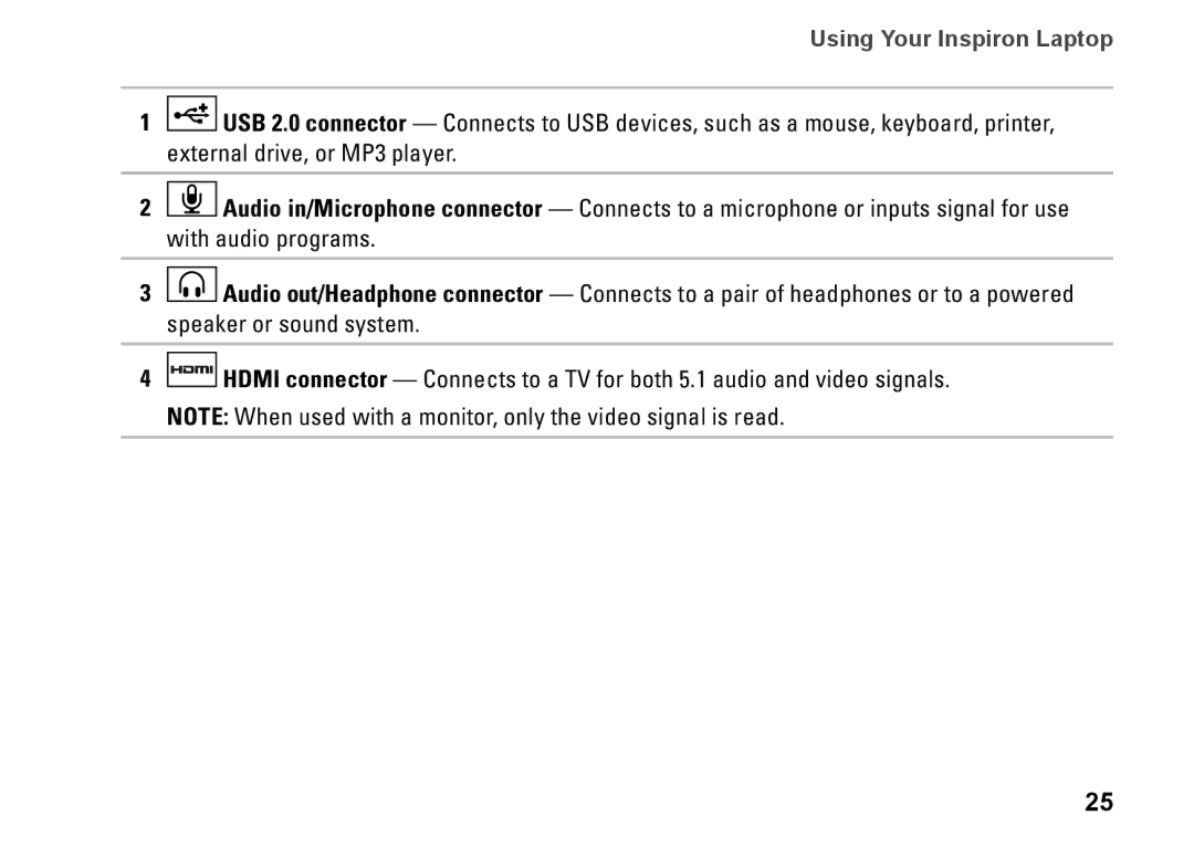 Dell 09N1F7A01, N5010, P10F002, P10F001, M5010 setup guide Using Your Inspiron Laptop 