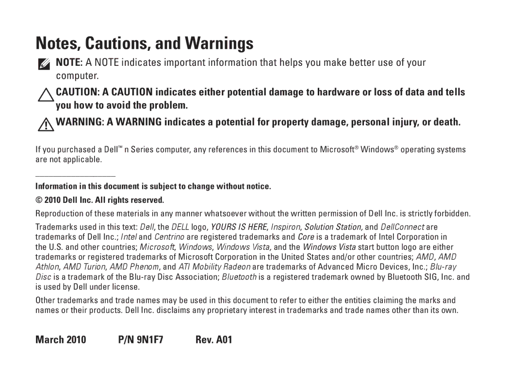 Dell P10F001, N5010, P10F002, M5010, 09N1F7A01 setup guide March 2010 P/N 9N1F7 Rev. A01 