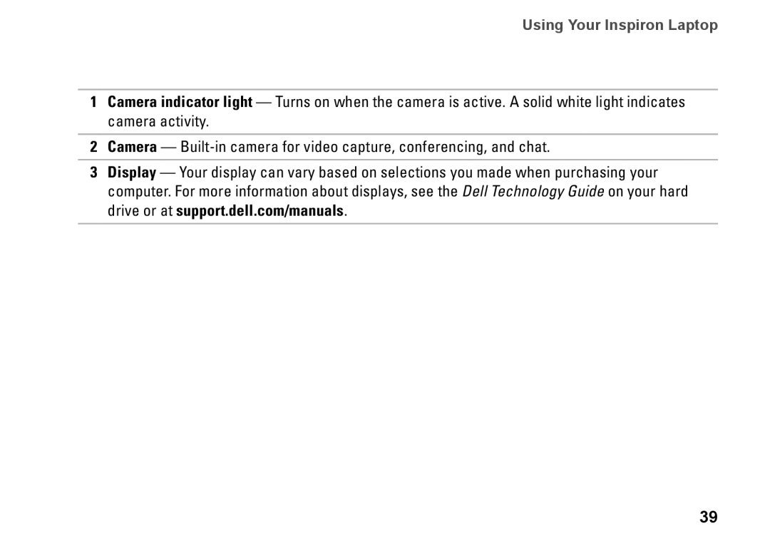 Dell 09N1F7A01, N5010, P10F002, P10F001, M5010 setup guide Using Your Inspiron Laptop 