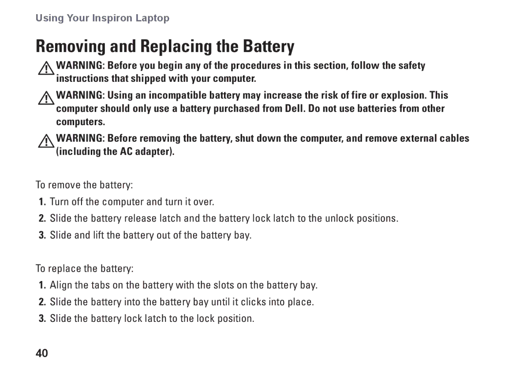 Dell N5010, P10F002, P10F001, M5010, 09N1F7A01 setup guide Removing and Replacing the Battery 