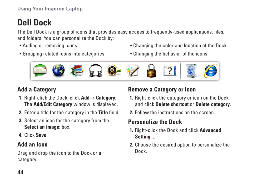 Dell P10F001, 9N1F7, N5010, P10F002 Dell Dock, Add a Category, Add an Icon, Remove a Category or Icon, Personalize the Dock 