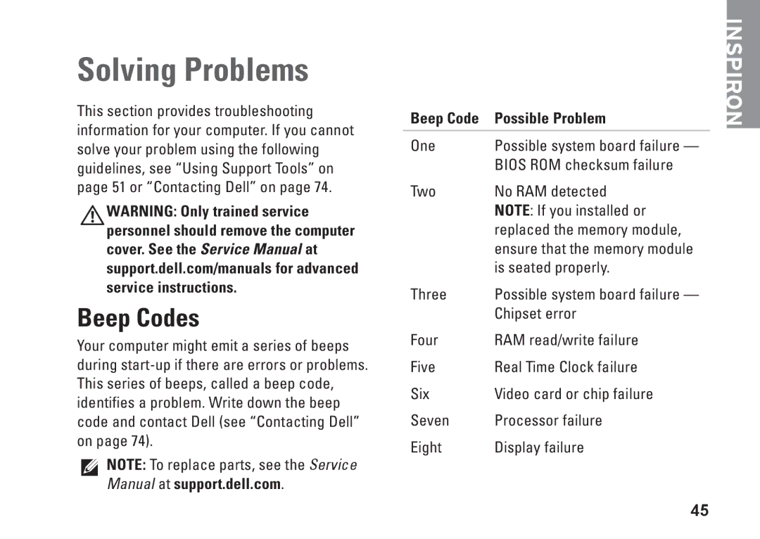 Dell M5010, N5010, P10F002, P10F001, 09N1F7A01 setup guide Solving Problems, Beep Codes, Beep Code Possible Problem 