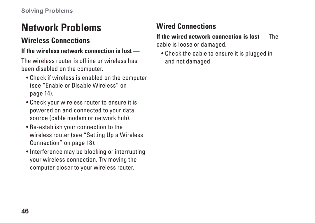 Dell 09N1F7A01, N5010, P10F002, P10F001, M5010 setup guide Network Problems, Wireless Connections, Wired Connections 