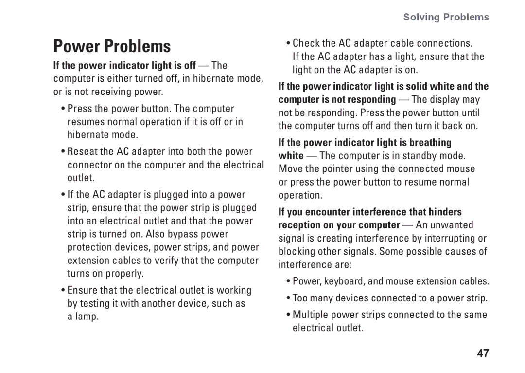 Dell N5010, P10F002, P10F001, M5010, 09N1F7A01 setup guide Power Problems 