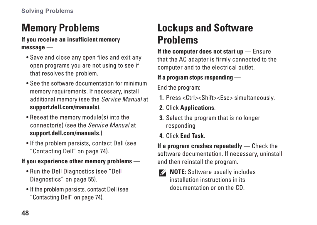 Dell N5010, 9N1F7, P10F, M5010 Memory Problems, If you receive an insufficient memory message, If a program stops responding 