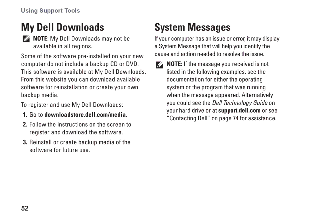 Dell M5010, N5010, P10F002, P10F001, 09N1F7A01 setup guide My Dell Downloads, System Messages 