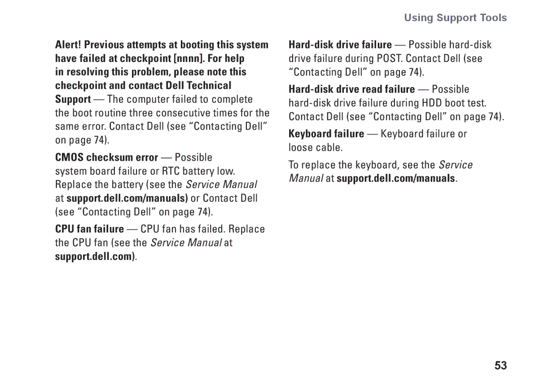 Dell 09N1F7A01, N5010, P10F002, P10F001, M5010 setup guide Keyboard failure Keyboard failure or loose cable 