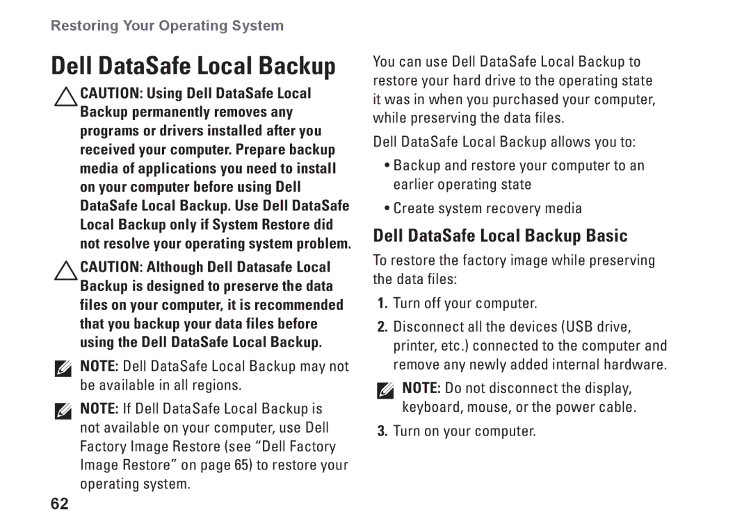 Dell N5010, P10F002, P10F001, M5010, 09N1F7A01 setup guide Dell DataSafe Local Backup Basic 