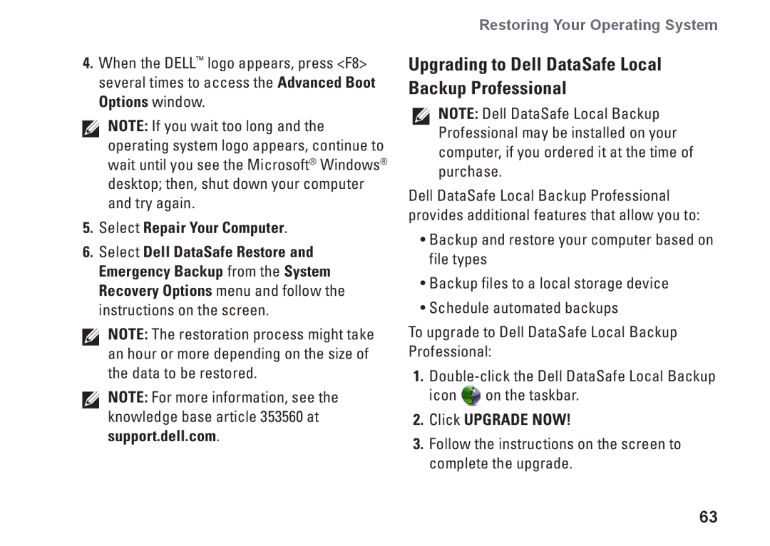 Dell P10F, 9N1F7 Upgrading to Dell DataSafe Local Backup Professional, Select Repair Your Computer, Click Upgrade Now 