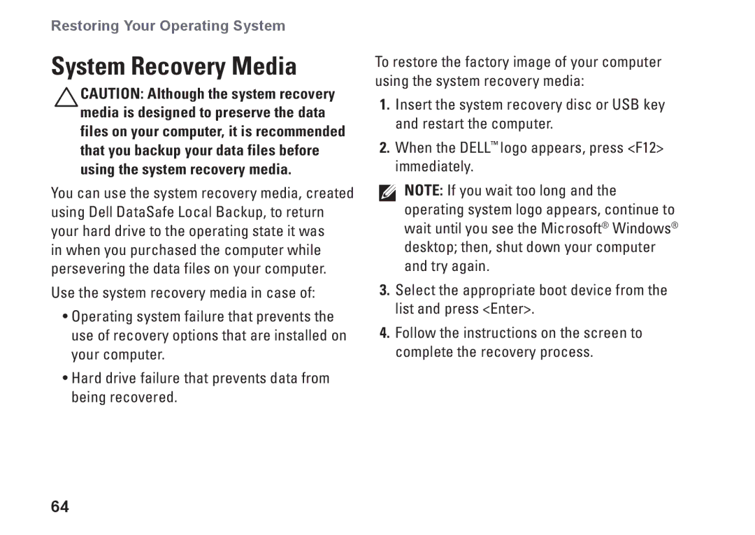 Dell P10F002, N5010, P10F001, M5010, 09N1F7A01 setup guide System Recovery Media 