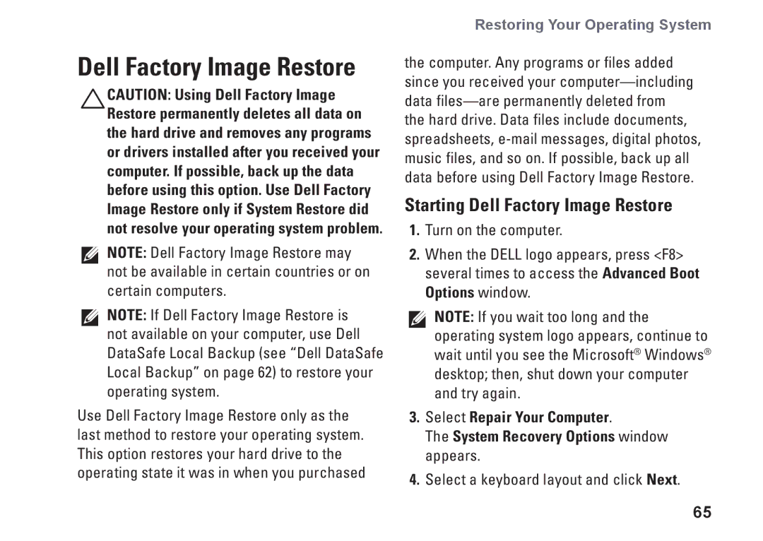 Dell P10F001, N5010, P10F002, M5010, 09N1F7A01 setup guide Starting Dell Factory Image Restore 