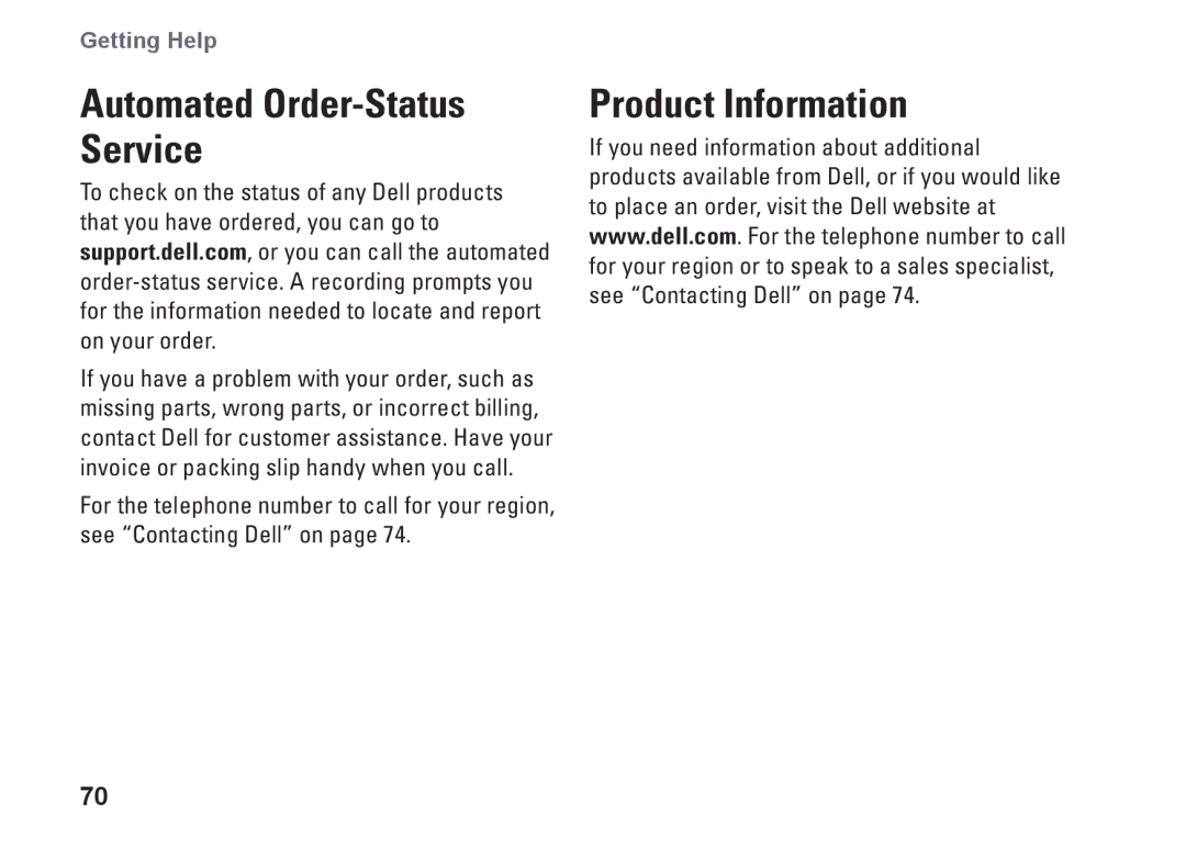 Dell N5010, P10F002, P10F001, M5010, 09N1F7A01 setup guide Automated Order-Status Service, Product Information 