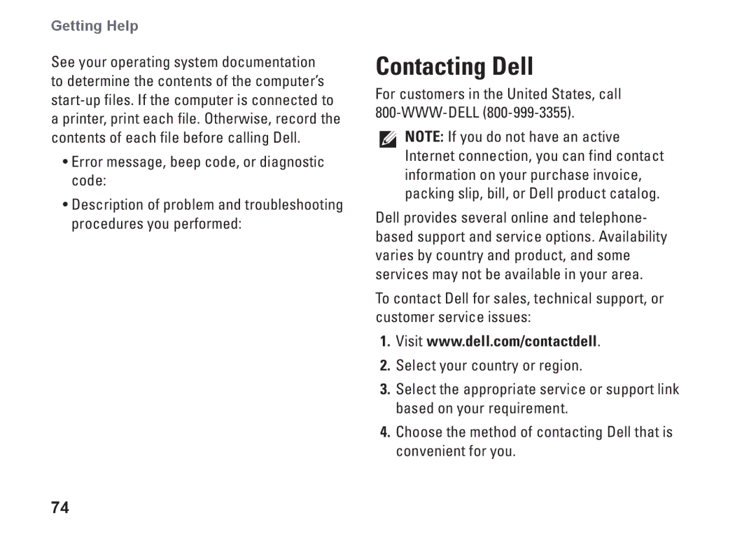 Dell 09N1F7A01, N5010, P10F002, P10F001, M5010 Contacting Dell, For customers in the United States, call 800-WWW-DELL 