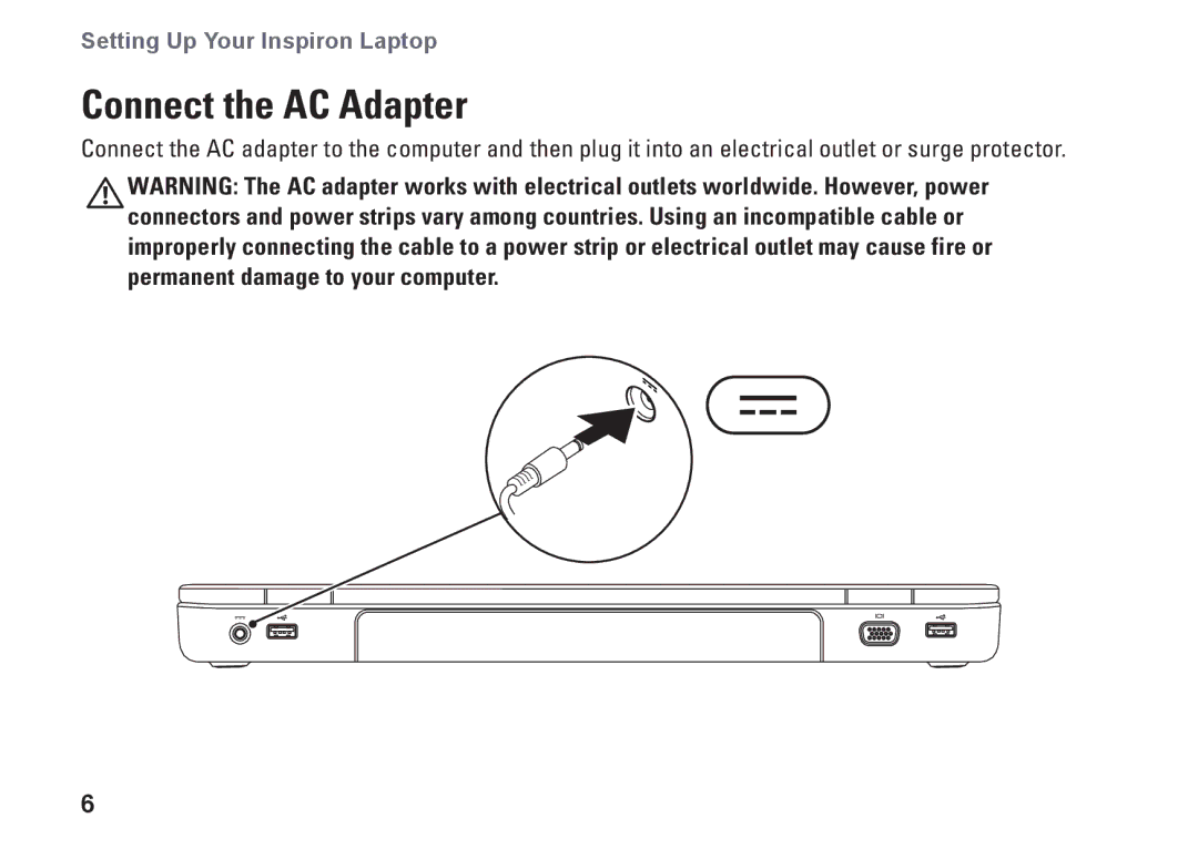 Dell N5010, P10F002, P10F001, M5010, 09N1F7A01 setup guide Connect the AC Adapter 