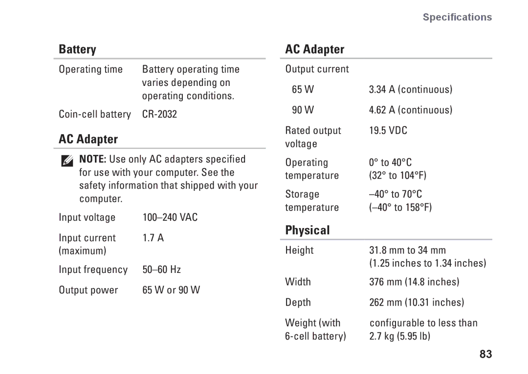 Dell N5010, P10F002, P10F001, M5010, 09N1F7A01 setup guide AC Adapter, Physical 