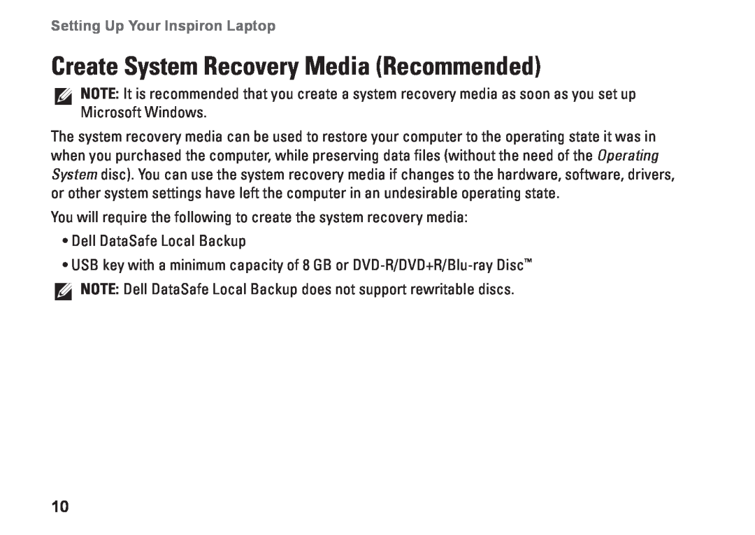 Dell M5010, 9N1F7 Create System Recovery Media Recommended, Setting Up Your Inspiron Laptop, Dell DataSafe Local Backup 