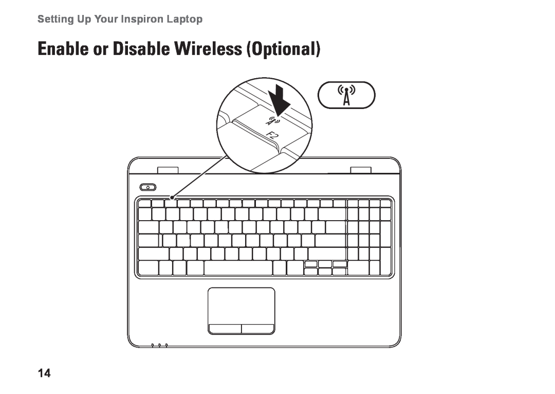 Dell N5010, P10F002, P10F001, M5010, 09N1F7A01 Enable or Disable Wireless Optional, Setting Up Your Inspiron Laptop 