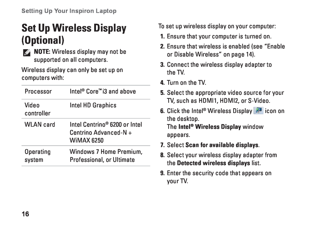 Dell P10F001 Set Up Wireless Display Optional, Setting Up Your Inspiron Laptop, The Intel Wireless Display window appears 