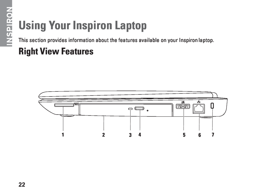 Dell P10F002, N5010, P10F001, M5010, 09N1F7A01 setup guide Using Your Inspiron Laptop, Right View Features 
