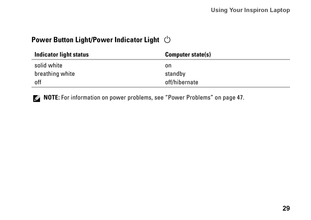 Dell P10F002 Power Button Light/Power Indicator Light, Using Your Inspiron Laptop, Indicator light status, Computer states 