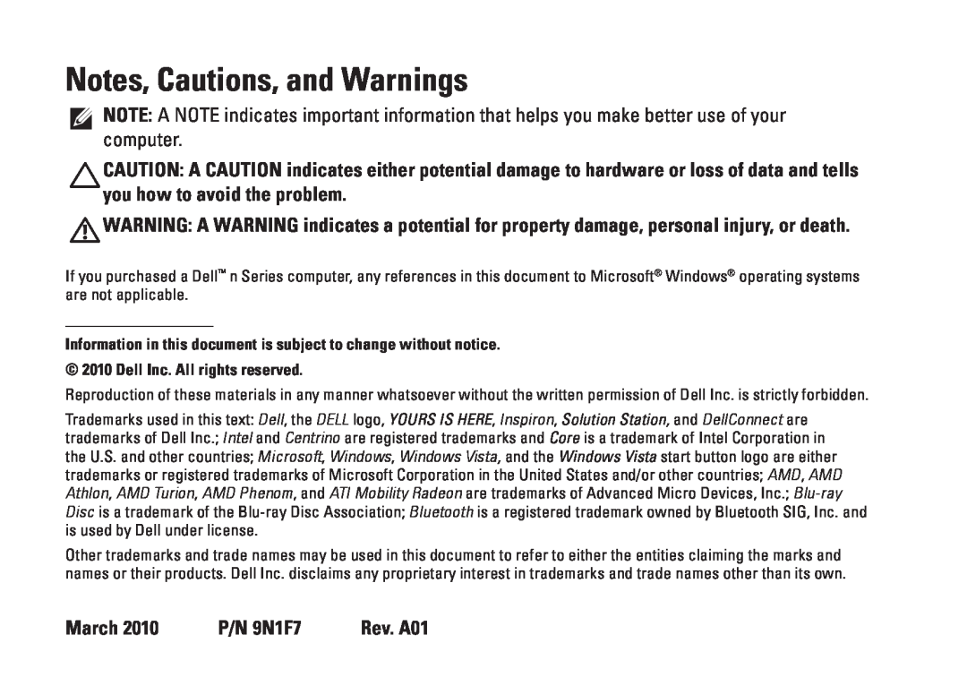 Dell P10F001, N5010, P10F002, M5010, 09N1F7A01 setup guide Notes, Cautions, and Warnings 