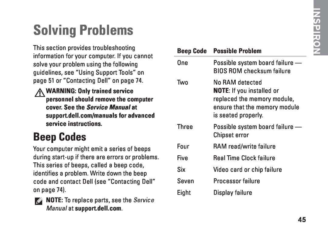Dell M5010, N5010, P10F002, P10F001, 09N1F7A01 setup guide Solving Problems, Beep Codes, Inspiron 